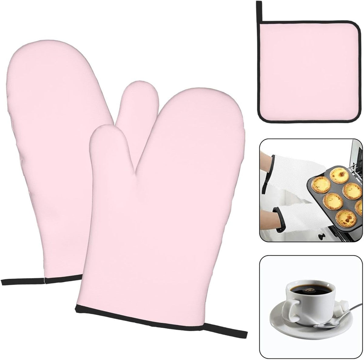 3 Pieces Oven Mitt and Pot Holder Sets, Light Pink Solid Color Oven Mitts Set Heat Resistant Baking Gloves Kitchen Microwave for Cooking, BBQ