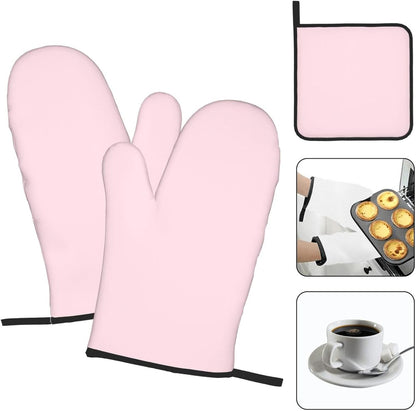 3 Pieces Oven Mitt and Pot Holder Sets, Light Pink Solid Color Oven Mitts Set Heat Resistant Baking Gloves Kitchen Microwave for Cooking, BBQ