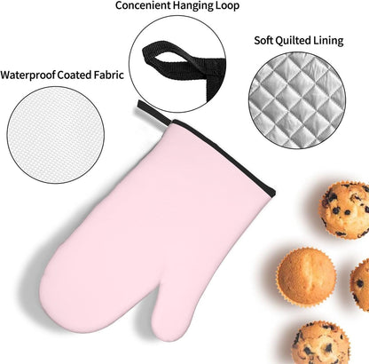 3 Pieces Oven Mitt and Pot Holder Sets, Light Pink Solid Color Oven Mitts Set Heat Resistant Baking Gloves Kitchen Microwave for Cooking, BBQ