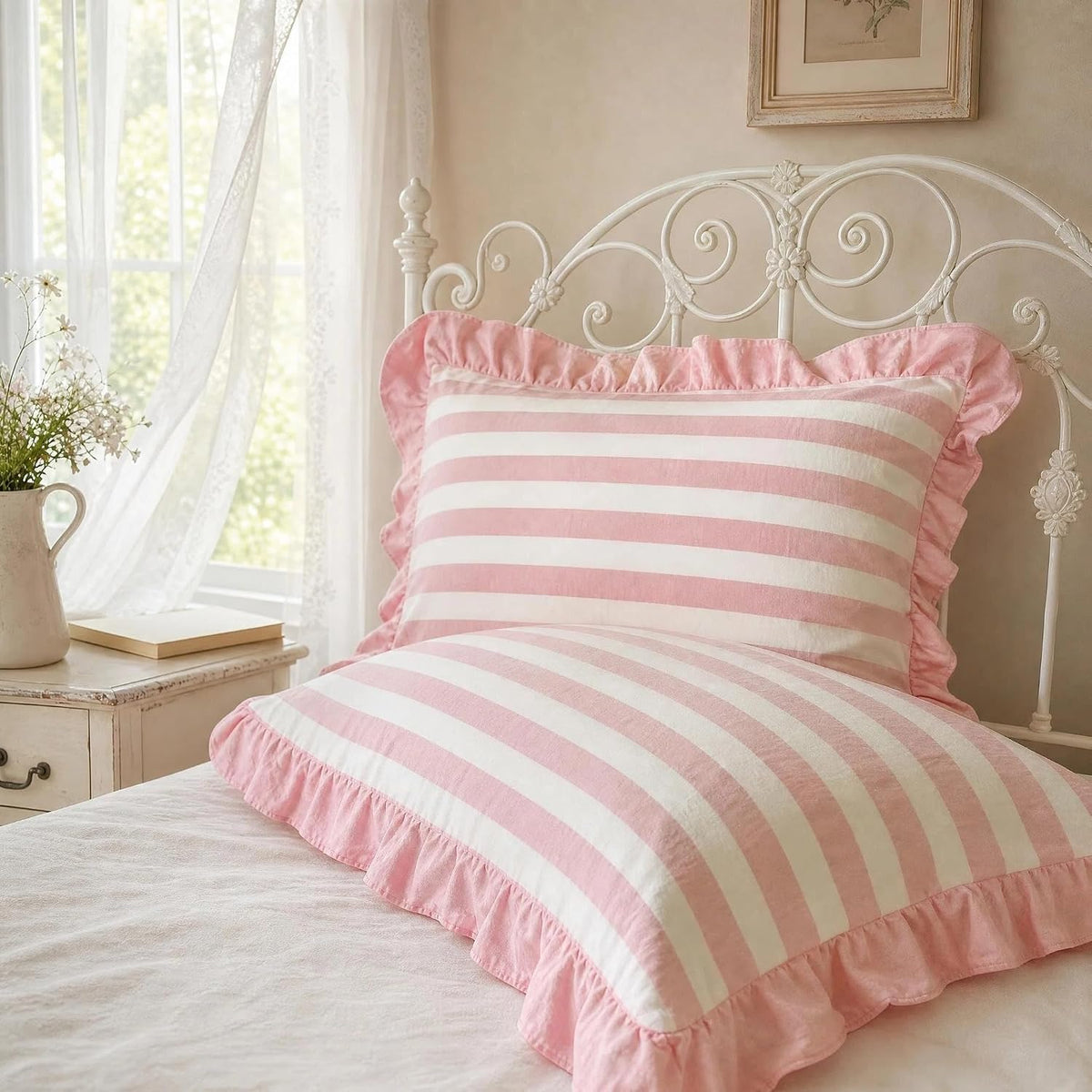 Pillow Cases 100% Cotton 2 Pcs Ruffle Striped Pillow Shams Chic Bedding