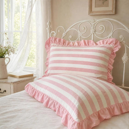 Pillow Cases 100% Cotton 2 Pcs Ruffle Striped Pillow Shams Chic Bedding