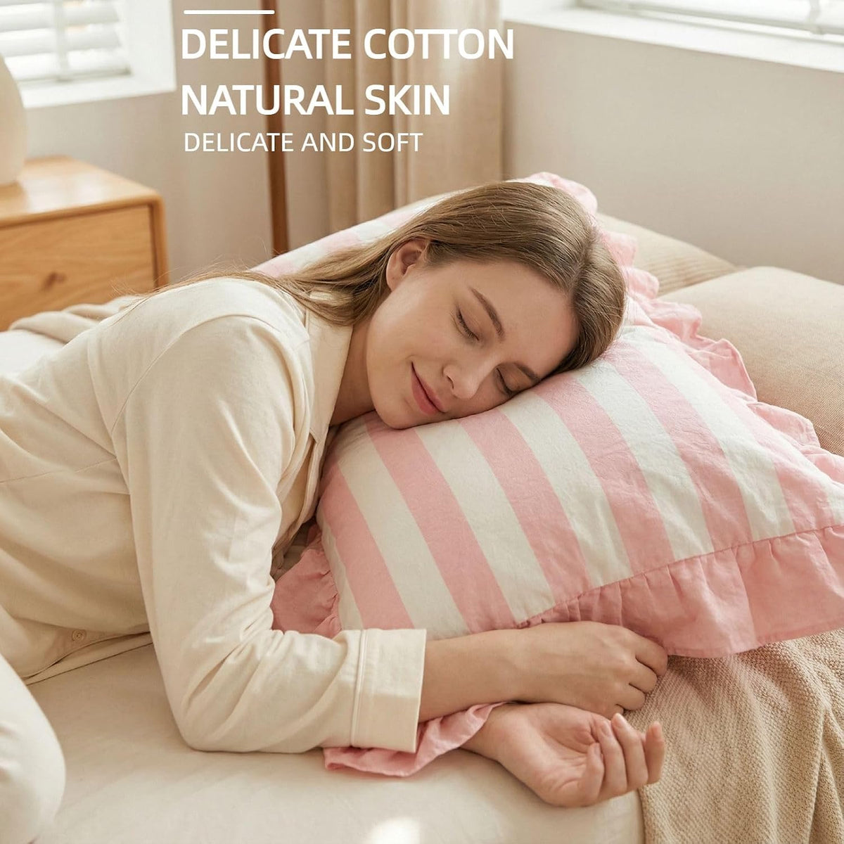 Pillow Cases 100% Cotton 2 Pcs Ruffle Striped Pillow Shams Chic Bedding