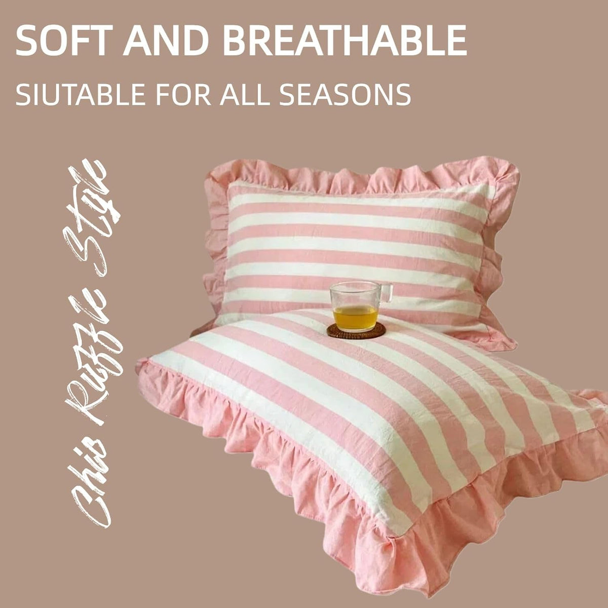 Pillow Cases 100% Cotton 2 Pcs Ruffle Striped Pillow Shams Chic Bedding