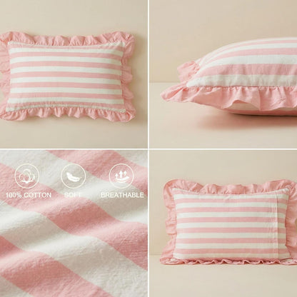 Pillow Cases 100% Cotton 2 Pcs Ruffle Striped Pillow Shams Chic Bedding