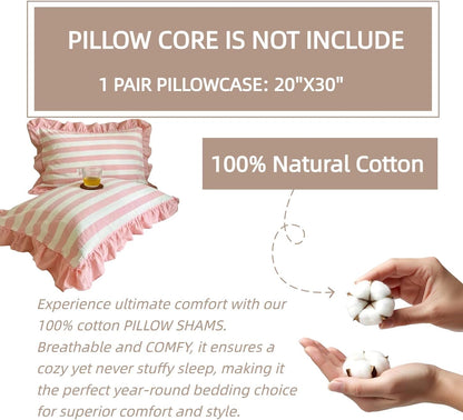 Pillow Cases 100% Cotton 2 Pcs Ruffle Striped Pillow Shams Chic Bedding