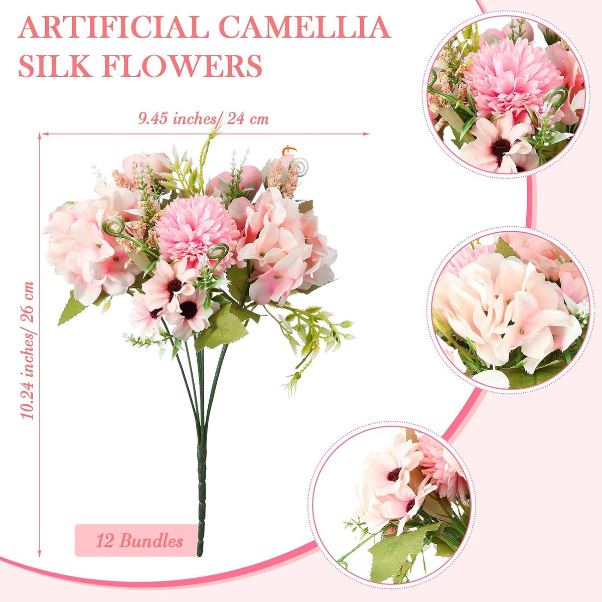 12 Bundles Peonies Artificial Flowers Faux Roses, Pink