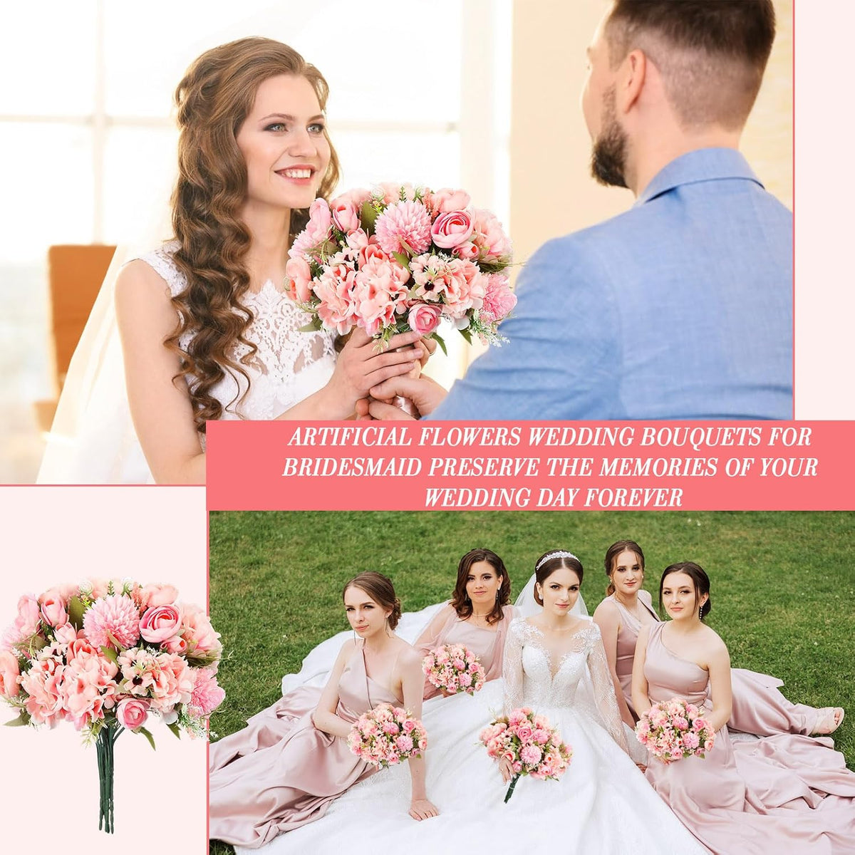 12 Bundles Peonies Artificial Flowers Faux Roses, Pink