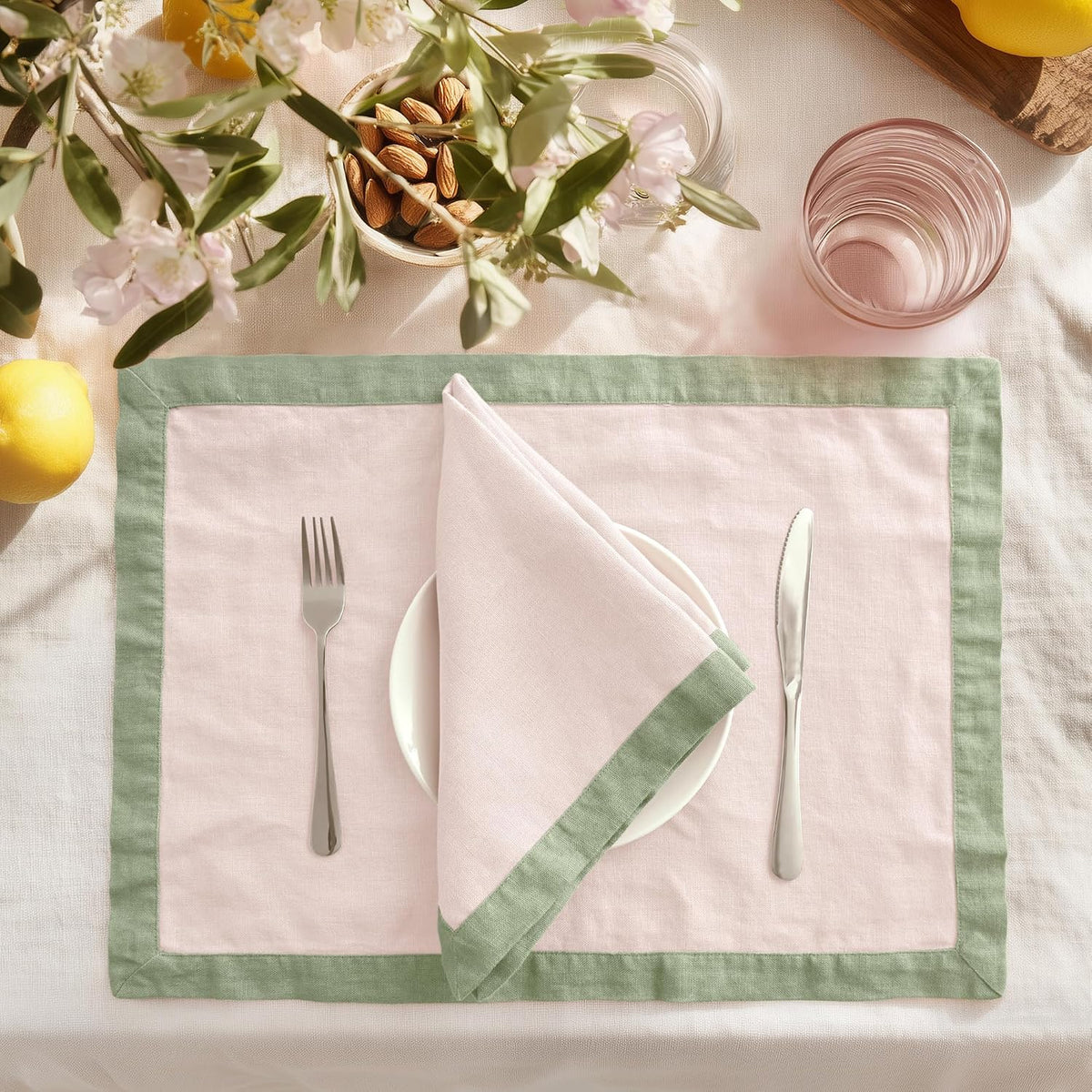 Linen World 100% French Linen Placemats Set of 4,21 x 15 Inch Double Layer Table Mats,Washable Heavyweight Placemats for Holiday Dining Kitchen Decor,Blush Pink with Sage Green Contrast Border