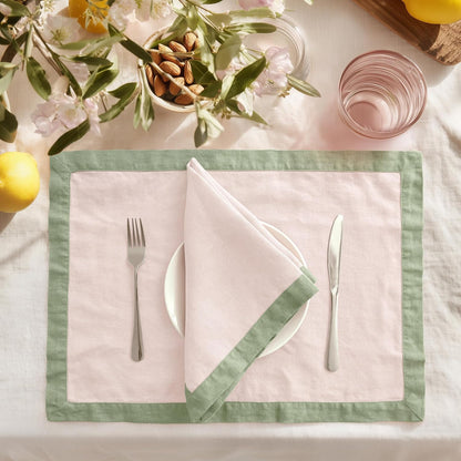 Linen World 100% French Linen Placemats Set of 4,21 x 15 Inch Double Layer Table Mats,Washable Heavyweight Placemats for Holiday Dining Kitchen Decor,Blush Pink with Sage Green Contrast Border
