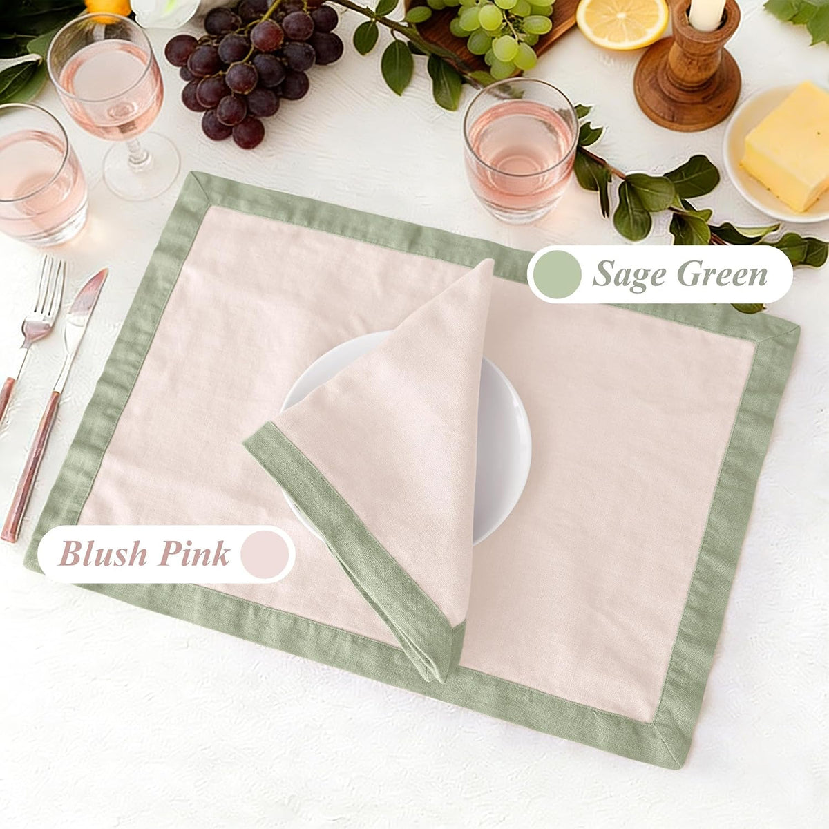 Linen World 100% French Linen Placemats Set of 4,21 x 15 Inch Double Layer Table Mats,Washable Heavyweight Placemats for Holiday Dining Kitchen Decor,Blush Pink with Sage Green Contrast Border