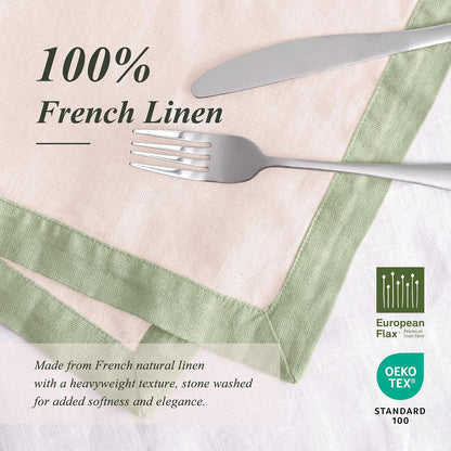Linen World 100% French Linen Placemats Set of 4,21 x 15 Inch Double Layer Table Mats,Washable Heavyweight Placemats for Holiday Dining Kitchen Decor,Blush Pink with Sage Green Contrast Border