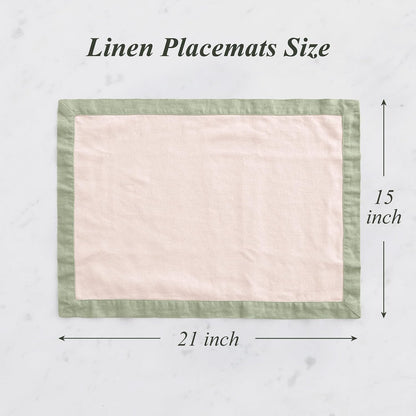 Linen World 100% French Linen Placemats Set of 4,21 x 15 Inch Double Layer Table Mats,Washable Heavyweight Placemats for Holiday Dining Kitchen Decor,Blush Pink with Sage Green Contrast Border
