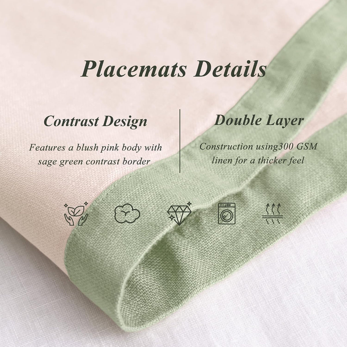 Linen World 100% French Linen Placemats Set of 4,21 x 15 Inch Double Layer Table Mats,Washable Heavyweight Placemats for Holiday Dining Kitchen Decor,Blush Pink with Sage Green Contrast Border
