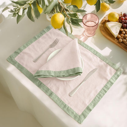 Linen World 100% French Linen Placemats Set of 4,21 x 15 Inch Double Layer Table Mats,Washable Heavyweight Placemats for Holiday Dining Kitchen Decor,Blush Pink with Sage Green Contrast Border