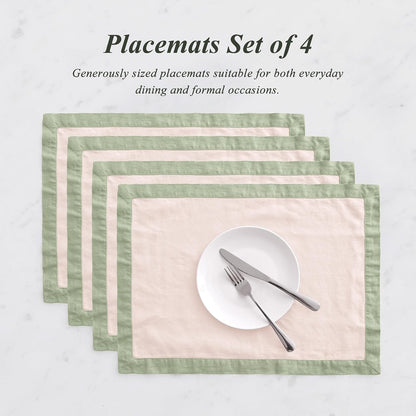 Linen World 100% French Linen Placemats Set of 4,21 x 15 Inch Double Layer Table Mats,Washable Heavyweight Placemats for Holiday Dining Kitchen Decor,Blush Pink with Sage Green Contrast Border