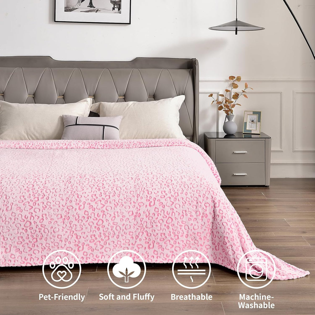 Leopard Throw Blanket Fleece, Premium Lightweight Cozy Warm Plush Microfiber Pink Blanket for Couch Sofa and Bed (Pink, Throw (50 x 60 inches))