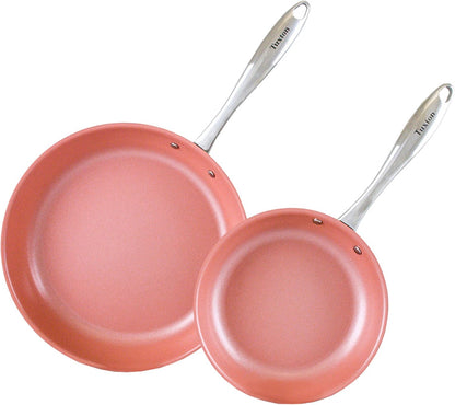 Non Stick Frying Pans - Concentrix 2-Piece Stainless Steel Pan Set - Stove & Oven Compatible 8-inch & 11-inch Ceramic Frying Pan with Riveted Handles - Cinnebar Blush Pink Nonstick Pan Set