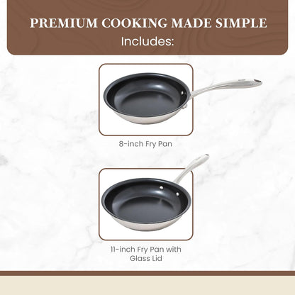 Non Stick Frying Pans - Concentrix 2-Piece Stainless Steel Pan Set - Stove & Oven Compatible 8-inch & 11-inch Ceramic Frying Pan with Riveted Handles - Cinnebar Blush Pink Nonstick Pan Set