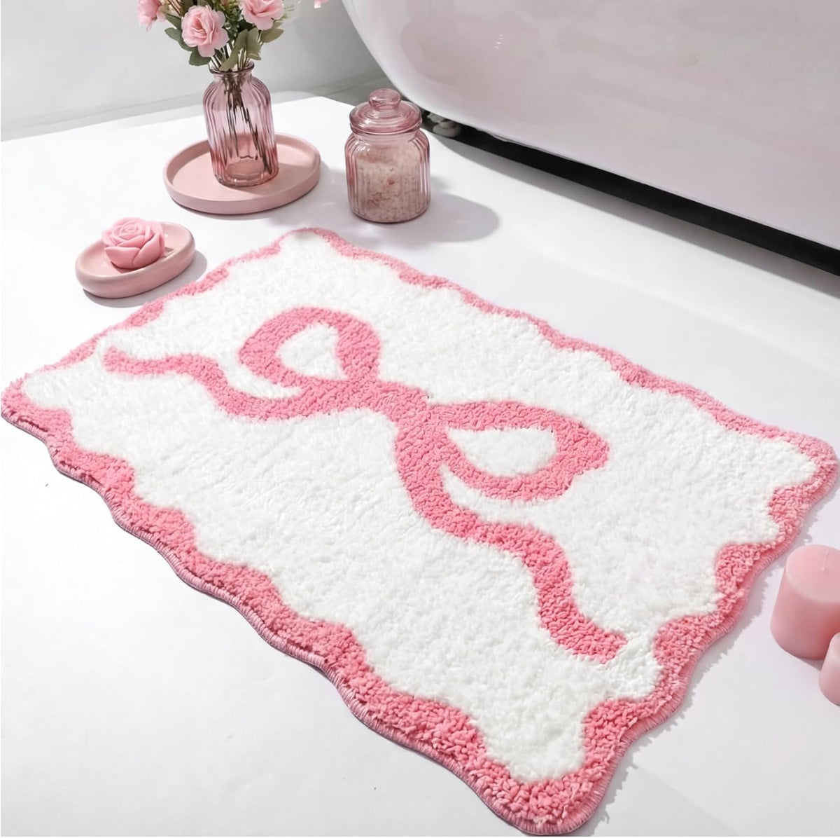 Pink Bow Bathroom Rug 20" x 32" Scalloped Bow Bath Mat