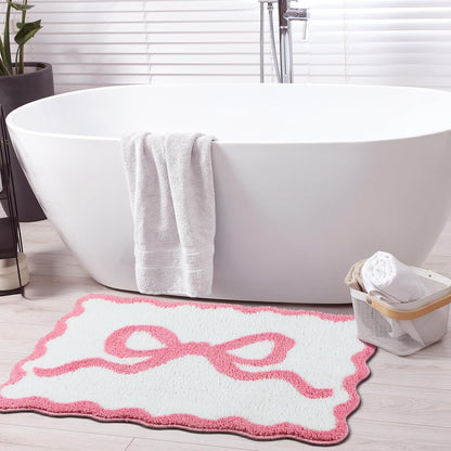 Pink Bow Bathroom Rug 20" x 32" Scalloped Bow Bath Mat