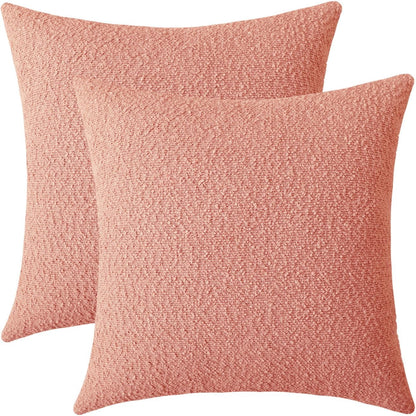 Coral Pink Decorative Square Thick Throw Pillow Covers Fine Textured Boucle Couch Cushion Cases for Sofa Decor, Set of 2, 18 x 18 Inch