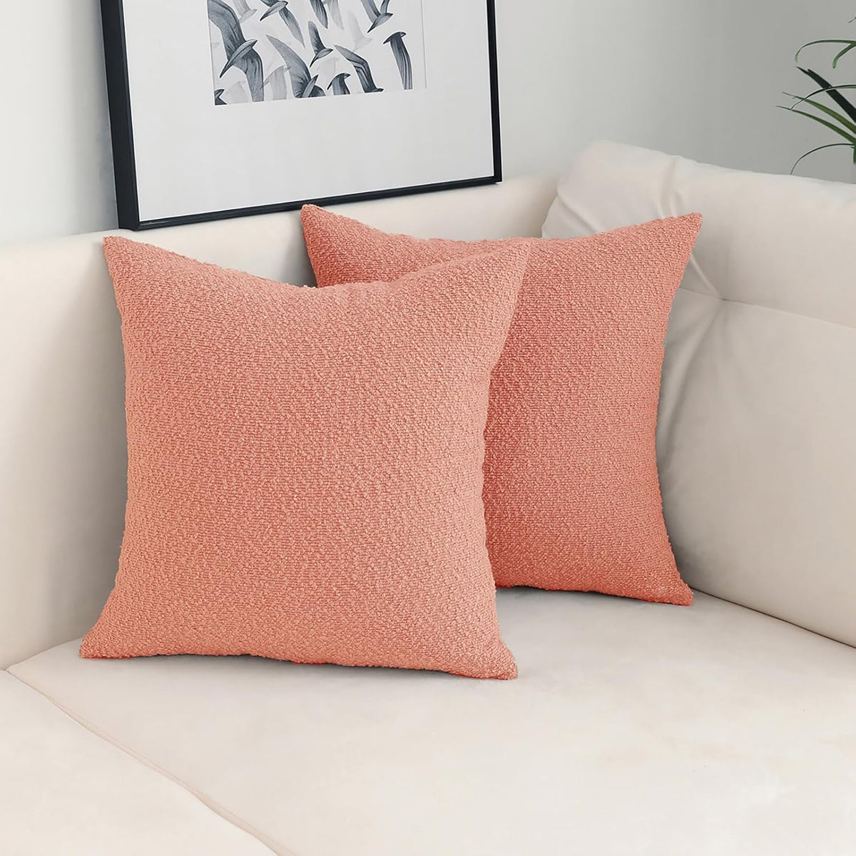 Coral Pink Decorative Square Thick Throw Pillow Covers Fine Textured Boucle Couch Cushion Cases for Sofa Decor, Set of 2, 18 x 18 Inch
