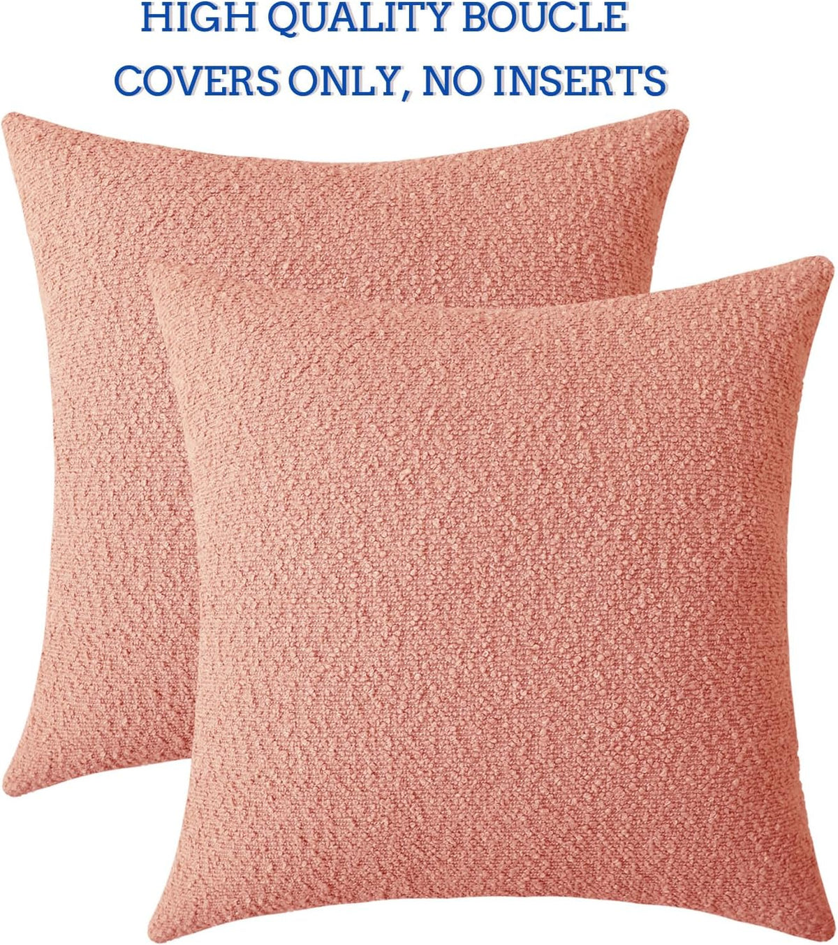 Coral Pink Decorative Square Thick Throw Pillow Covers Fine Textured Boucle Couch Cushion Cases for Sofa Decor, Set of 2, 18 x 18 Inch