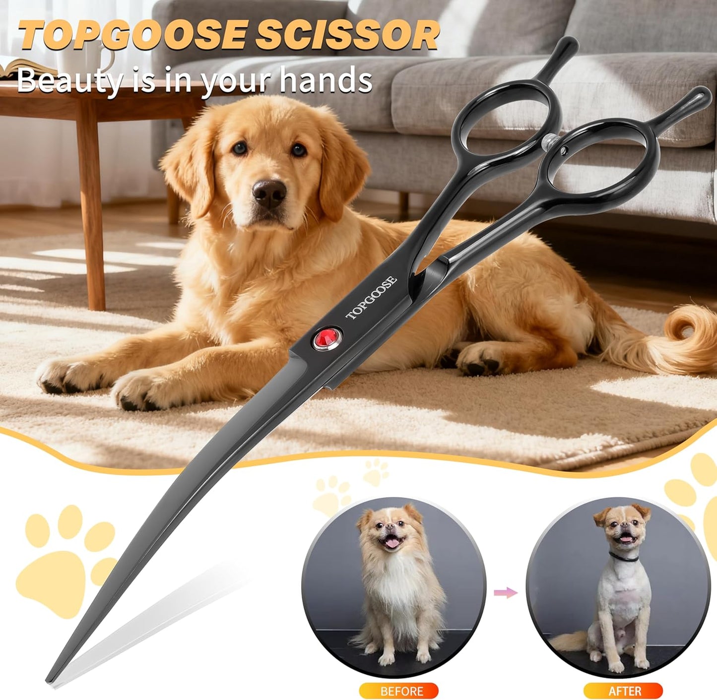 7.5" Dog Grooming Scissor - Professional Down-curved Shear with Ergonomic Handle Japanese Stainless Steel Hair Scissor for Dogs, Cats and Other Pets, Sharp (Curved,Black)