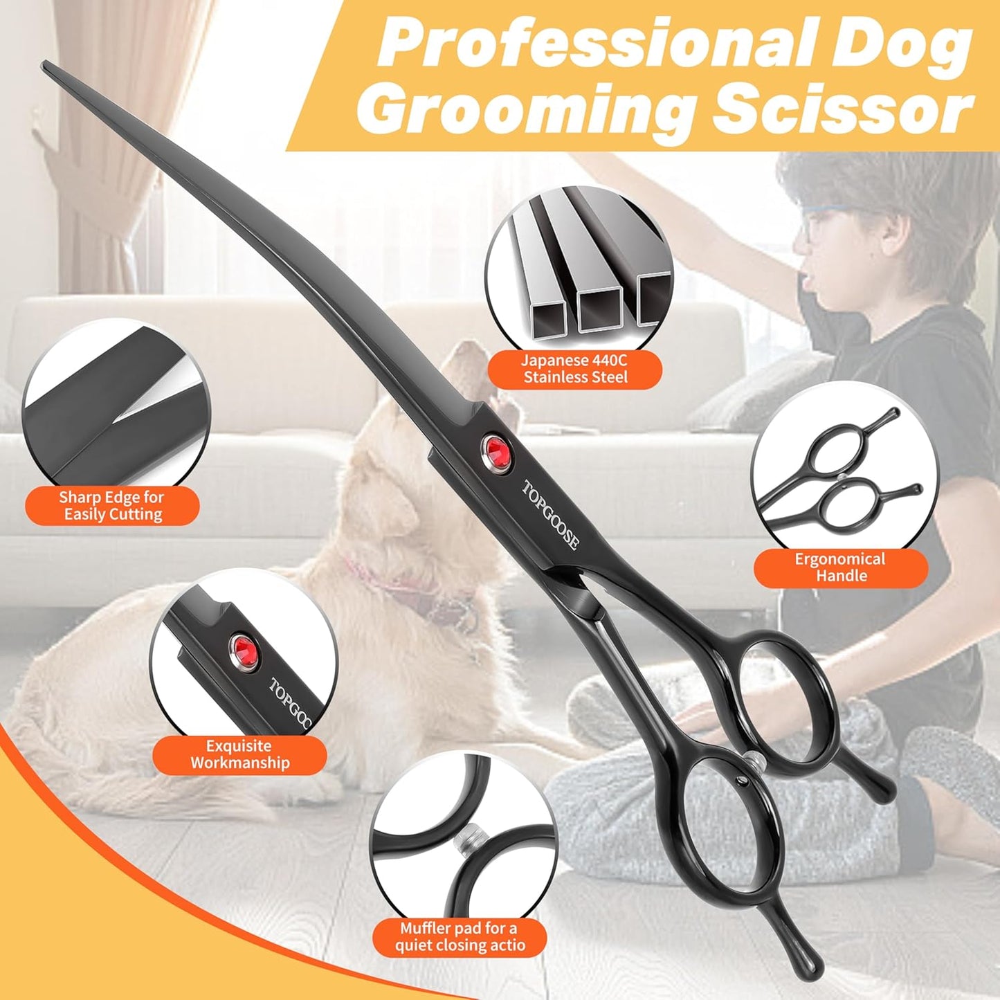 7.5" Dog Grooming Scissor - Professional Down-curved Shear with Ergonomic Handle Japanese Stainless Steel Hair Scissor for Dogs, Cats and Other Pets, Sharp (Curved,Black)