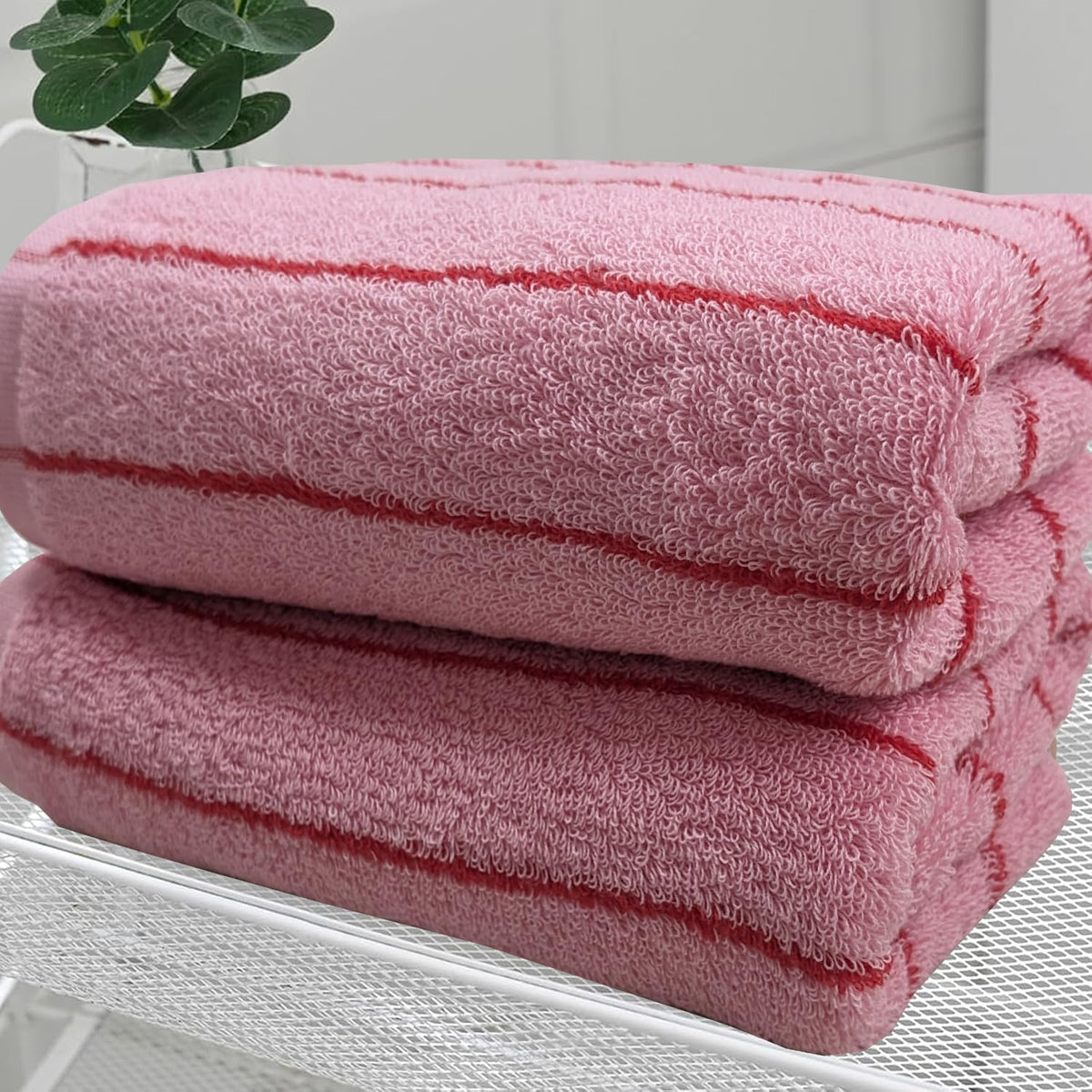 Pink and Red Striped Towels 2 Pack Cotton Soft Bathroom Towels Classical Striped Hand Towels for Spa Shower Gym Kitchen Lighter & Quick Dry, Rose Pink, 14 x 30 Inch