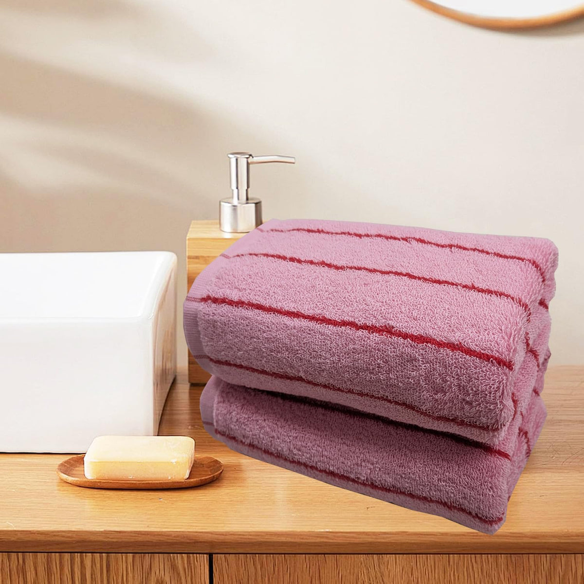 Pink and Red Striped Towels 2 Pack Cotton Soft Bathroom Towels Classical Striped Hand Towels for Spa Shower Gym Kitchen Lighter & Quick Dry, Rose Pink, 14 x 30 Inch