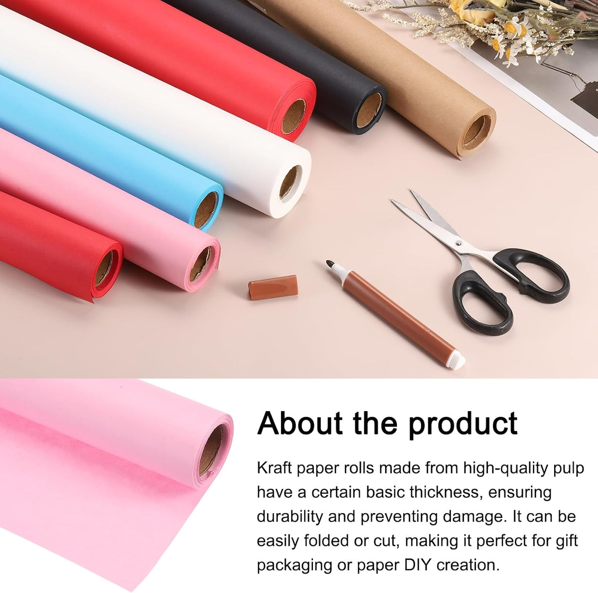 Kraft Wrapping Paper Roll, Poster Bulletin Board, [for Christmas Wrapping, Bouquet Flower Packing, Gift-Wrap] - 15 x 197 Inch / Deep Pink / 1 Roll
