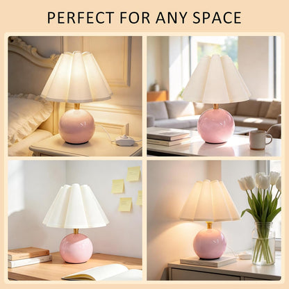 Small Bedside Table Lamp, 11.8'' Ceramic Stepless Dimmable Lamp (Pink)