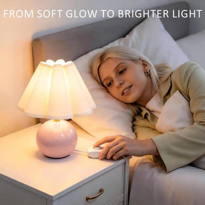 Small Bedside Table Lamp, 11.8'' Ceramic Stepless Dimmable Lamp (Pink)