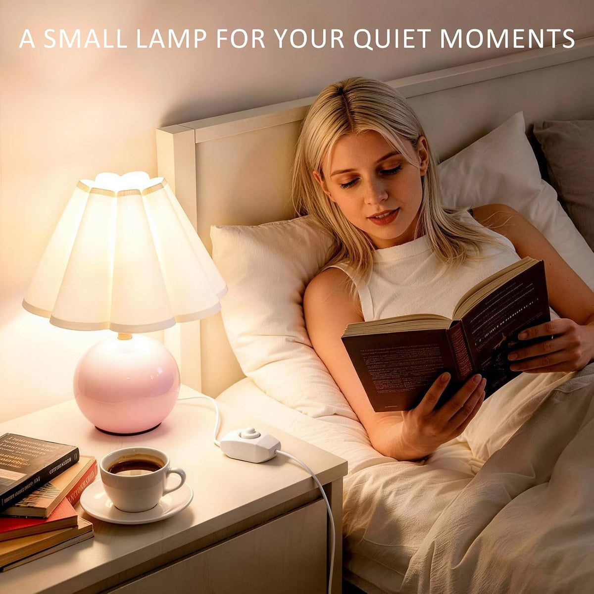 Small Bedside Table Lamp, 11.8'' Ceramic Stepless Dimmable Lamp (Pink)