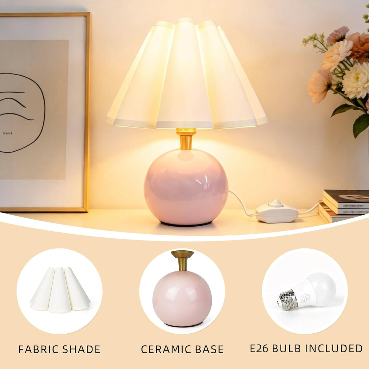 Small Bedside Table Lamp, 11.8'' Ceramic Stepless Dimmable Lamp (Pink)