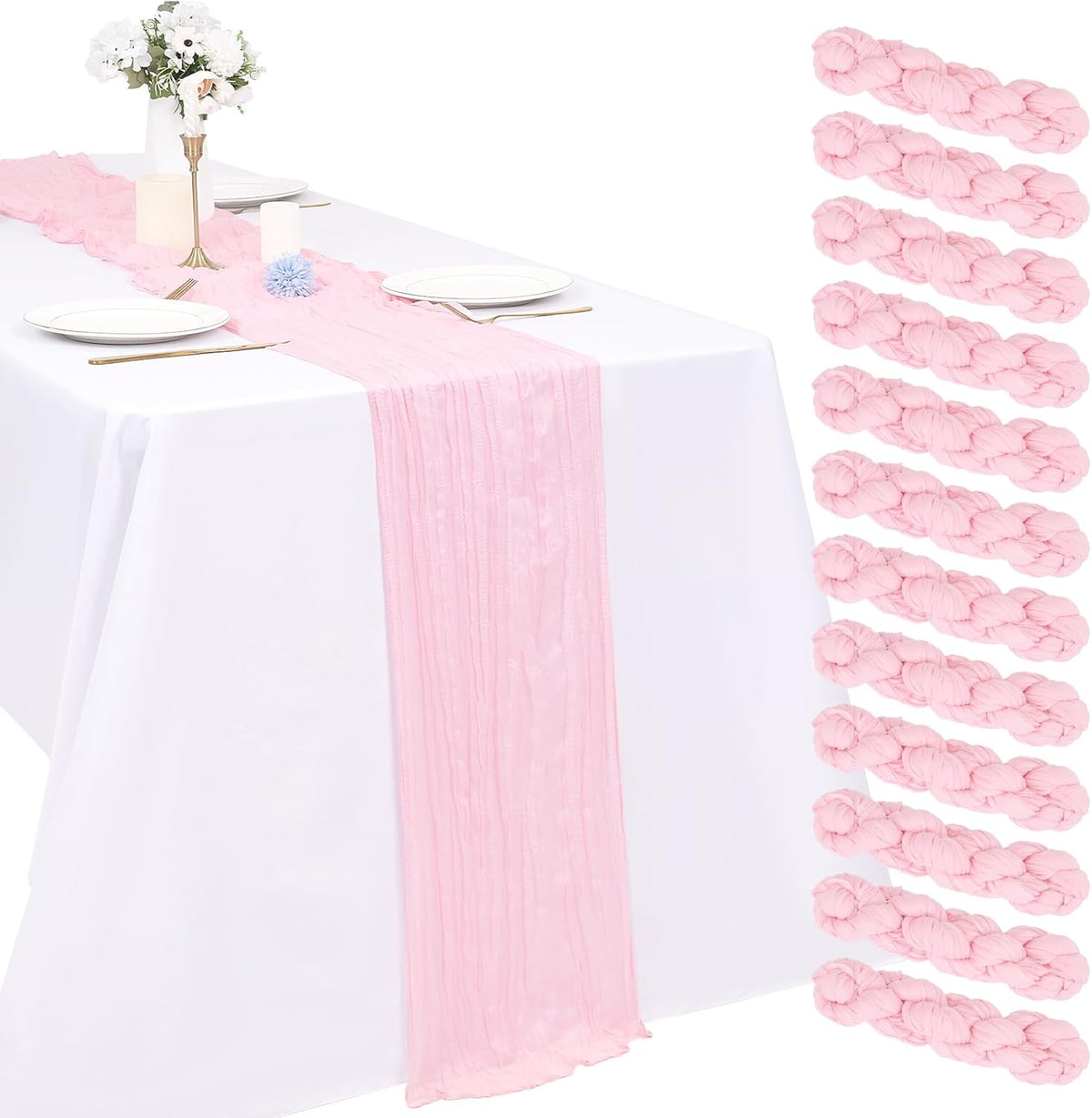 12 Pack Light Pink Cheesecloth Table Runner 17x108in Gauze Runners