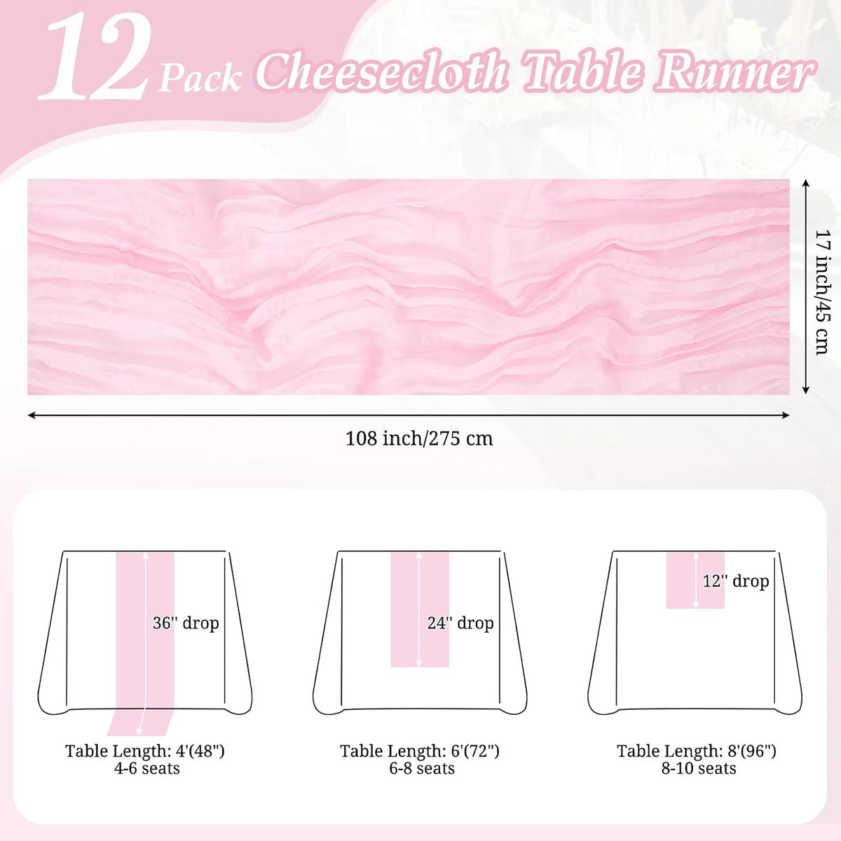 12 Pack Light Pink Cheesecloth Table Runner 17x108in Gauze Runners