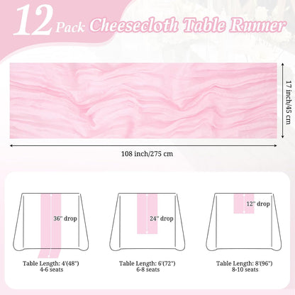 12 Pack Light Pink Cheesecloth Table Runner 17x108in Gauze Runners