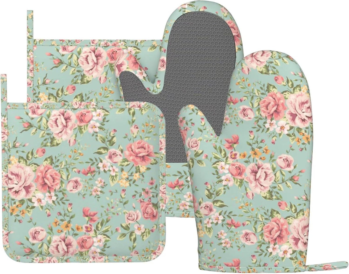Pink Flower Oven Mitts Pot Holders Set Silicone Kitchen Gloves Vintage Spring Romantic Bloom Floral and Leaf Green Potholders Non-Slip Heat Resistant for Chef Baking 4 pcs Kitchen Mitts