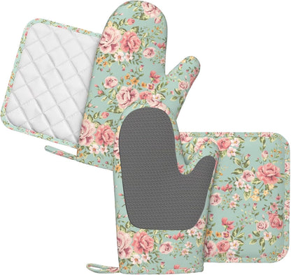 Pink Flower Oven Mitts Pot Holders Set Silicone Kitchen Gloves Vintage Spring Romantic Bloom Floral and Leaf Green Potholders Non-Slip Heat Resistant for Chef Baking 4 pcs Kitchen Mitts
