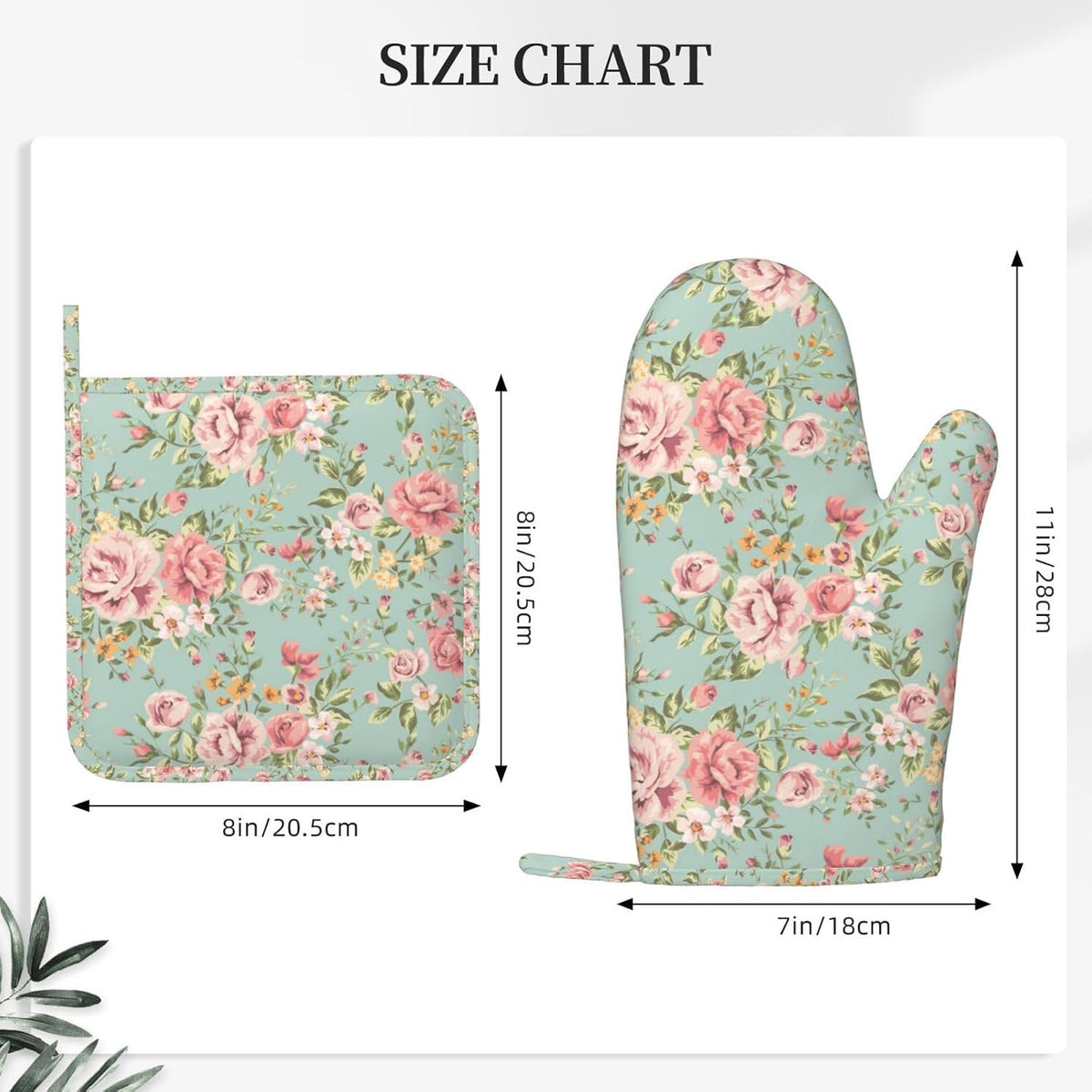 Pink Flower Oven Mitts Pot Holders Set Silicone Kitchen Gloves Vintage Spring Romantic Bloom Floral and Leaf Green Potholders Non-Slip Heat Resistant for Chef Baking 4 pcs Kitchen Mitts