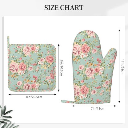 Pink Flower Oven Mitts Pot Holders Set Silicone Kitchen Gloves Vintage Spring Romantic Bloom Floral and Leaf Green Potholders Non-Slip Heat Resistant for Chef Baking 4 pcs Kitchen Mitts