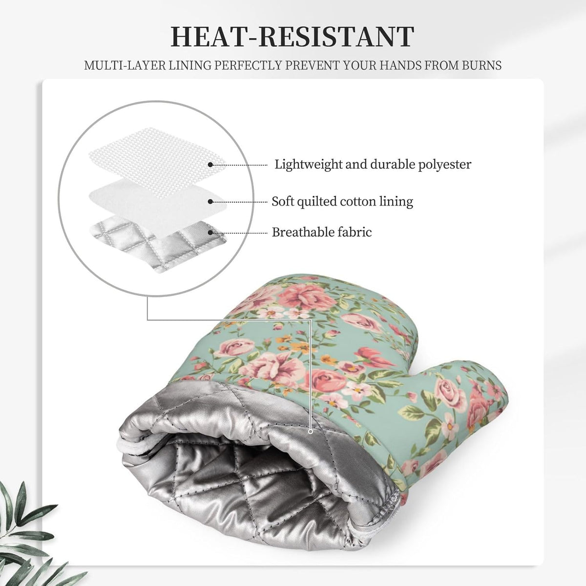 Pink Flower Oven Mitts Pot Holders Set Silicone Kitchen Gloves Vintage Spring Romantic Bloom Floral and Leaf Green Potholders Non-Slip Heat Resistant for Chef Baking 4 pcs Kitchen Mitts