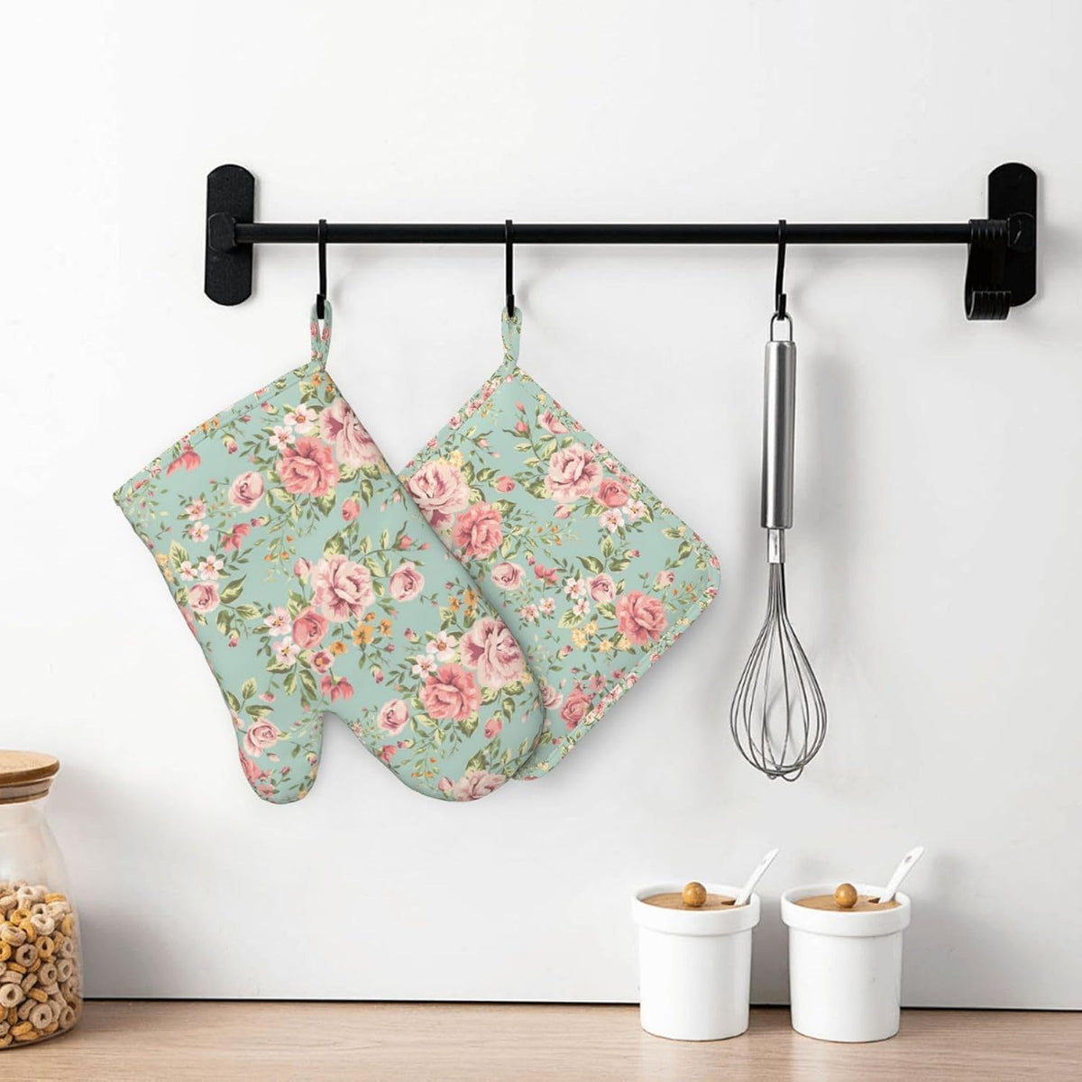 Pink Flower Oven Mitts Pot Holders Set Silicone Kitchen Gloves Vintage Spring Romantic Bloom Floral and Leaf Green Potholders Non-Slip Heat Resistant for Chef Baking 4 pcs Kitchen Mitts