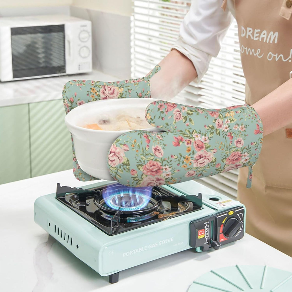 Pink Flower Oven Mitts Pot Holders Set Silicone Kitchen Gloves Vintage Spring Romantic Bloom Floral and Leaf Green Potholders Non-Slip Heat Resistant for Chef Baking 4 pcs Kitchen Mitts