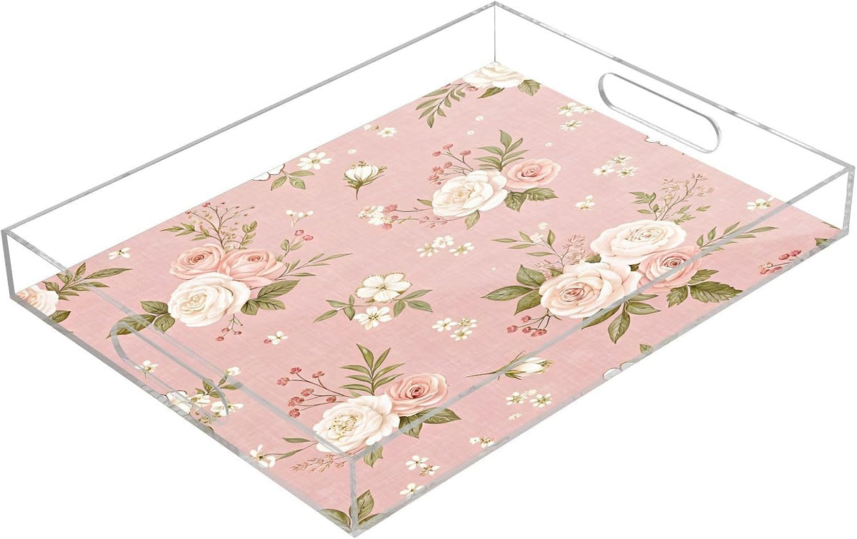 Pink Floral Pattern Serving Tray 12" x 16" Acrylic Trays with Handles Decorative Serving Platter for Coffee, Breakfast in Bed, Dinner, Appetizers, Patio, Party