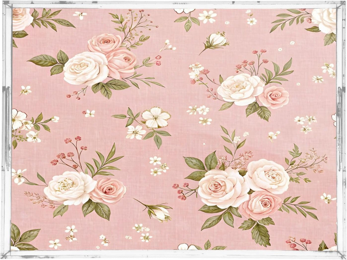 Pink Floral Pattern Serving Tray 12" x 16" Acrylic Trays with Handles Decorative Serving Platter for Coffee, Breakfast in Bed, Dinner, Appetizers, Patio, Party