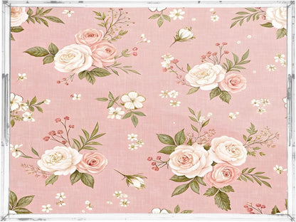 Pink Floral Pattern Serving Tray 12" x 16" Acrylic Trays with Handles Decorative Serving Platter for Coffee, Breakfast in Bed, Dinner, Appetizers, Patio, Party