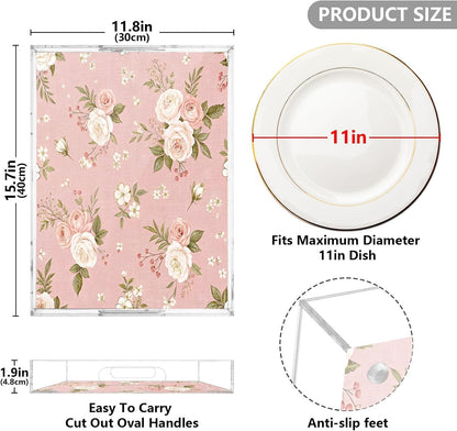 Pink Floral Pattern Serving Tray 12" x 16" Acrylic Trays with Handles Decorative Serving Platter for Coffee, Breakfast in Bed, Dinner, Appetizers, Patio, Party